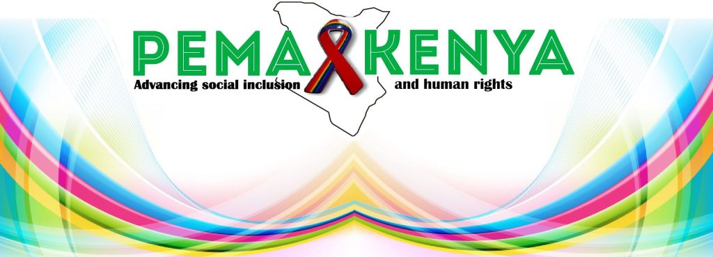 PEMA Kenya logo. Subtitle says "Advancing social inclusion and human rights". There is a map of Kenya behind the text and red and black ribbon. There is a rainbow below the logo.